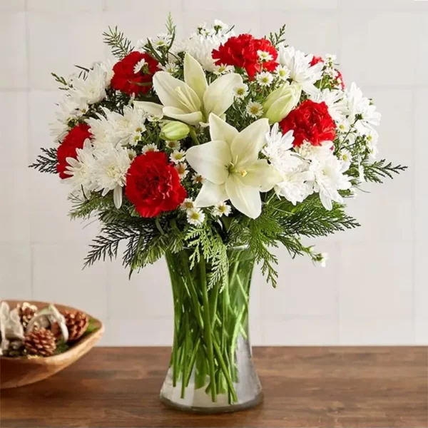 Lily white, cushion white, carnations red flowers