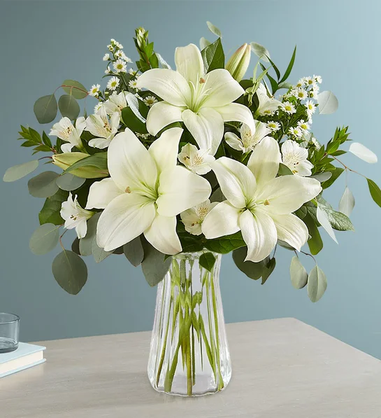 White Lily Bouquet Clear Vase
