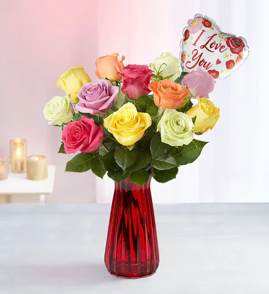 Rainbow of blooms with balloon