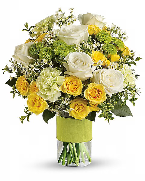 Green bouquet of flowers in a glass vase deluxe size for Saint Patrick's Day